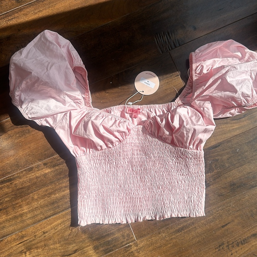 - Verge Girl Travel Notes Smocked Shirred Pink Top